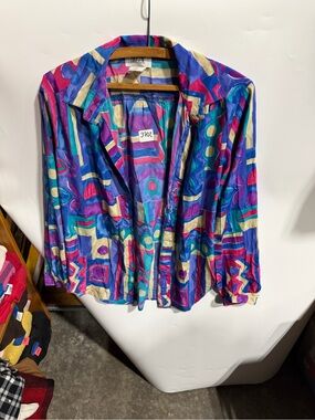 #3702-Vibrant Abstract Print Button-Up Shirt - Blue, Pink, Teal